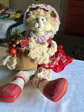 Festive Cream Plush Bunny Doll in Red Holiday Dress